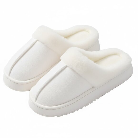 Unisex  Faux Fur Lined Slip-On SlippersCozy Warm Winter House Shoes~WHITE - Picture 1 of 7